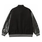 Black varsity jacket back view with ribbed hem and striped cuffs