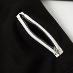 Black jacket interior with white-trimmed zip pocket and metal zipper