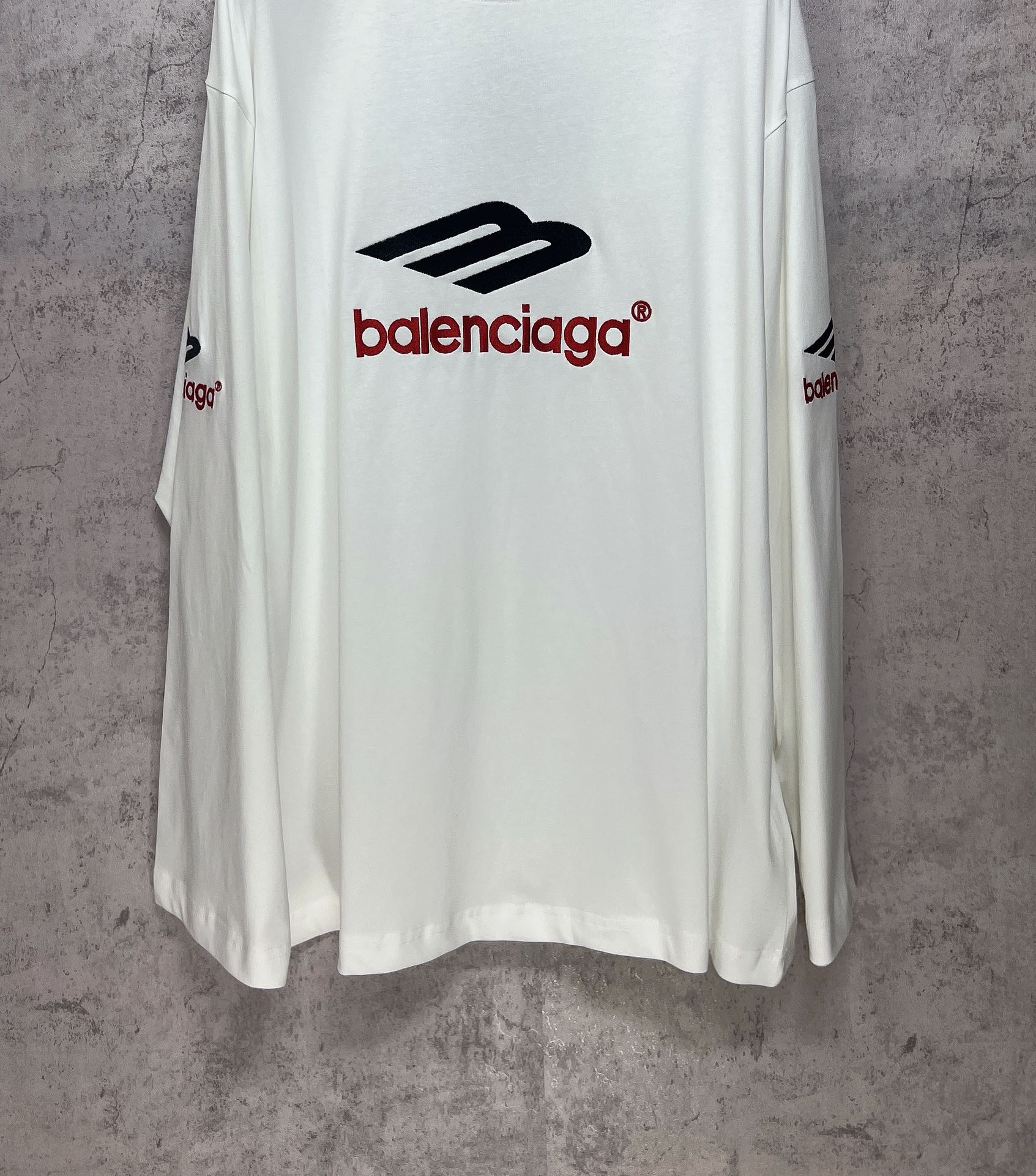 White long-sleeve T-shirt back view with black-and-red Balenciaga logo