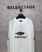 White long-sleeve T-shirt, crew neck, black and red Balenciaga logo on front