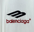 White long-sleeve T-shirt close-up of black emblem and red Balenciaga wordmark