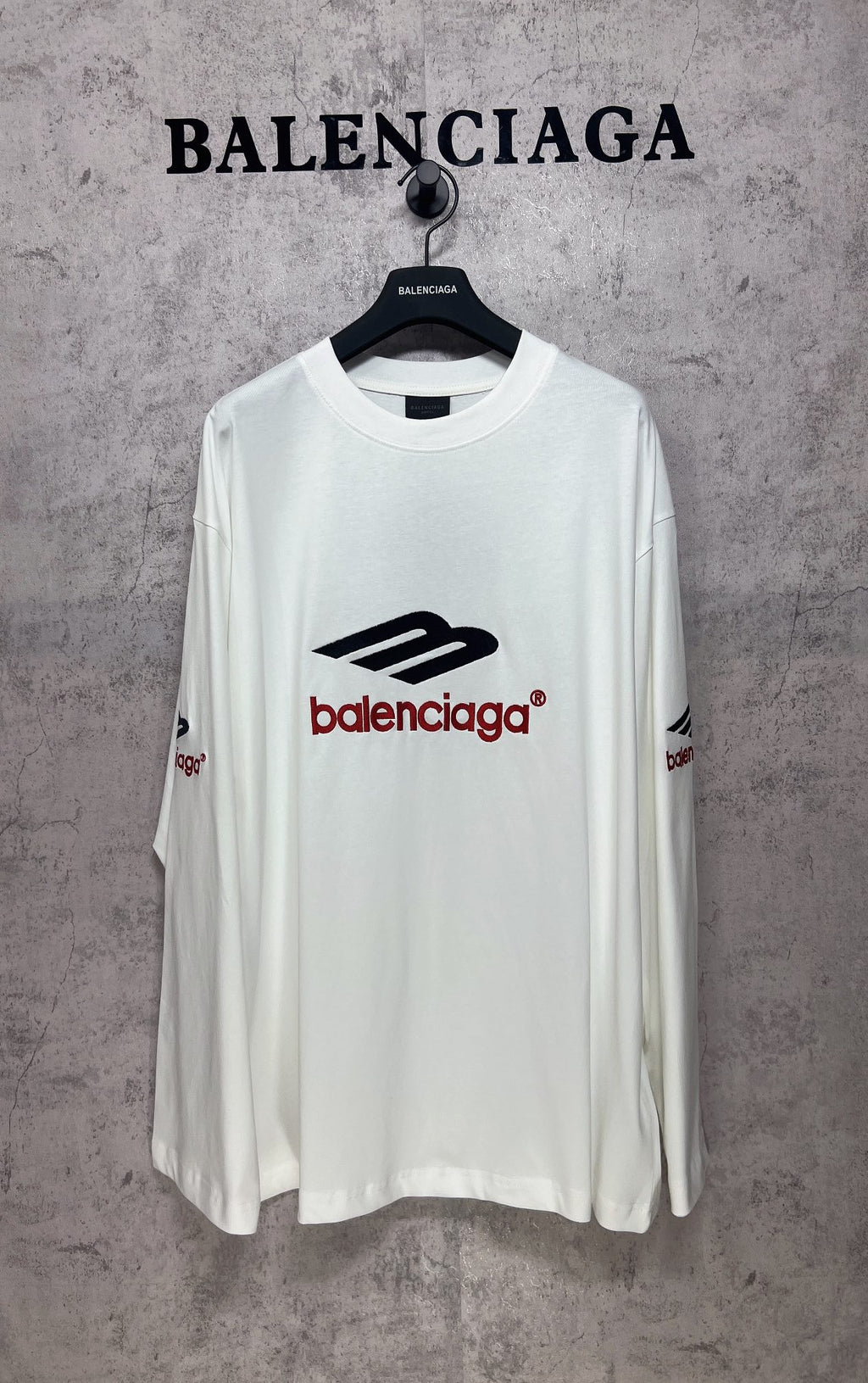 White long-sleeve T-shirt with black and red Balenciaga logo front