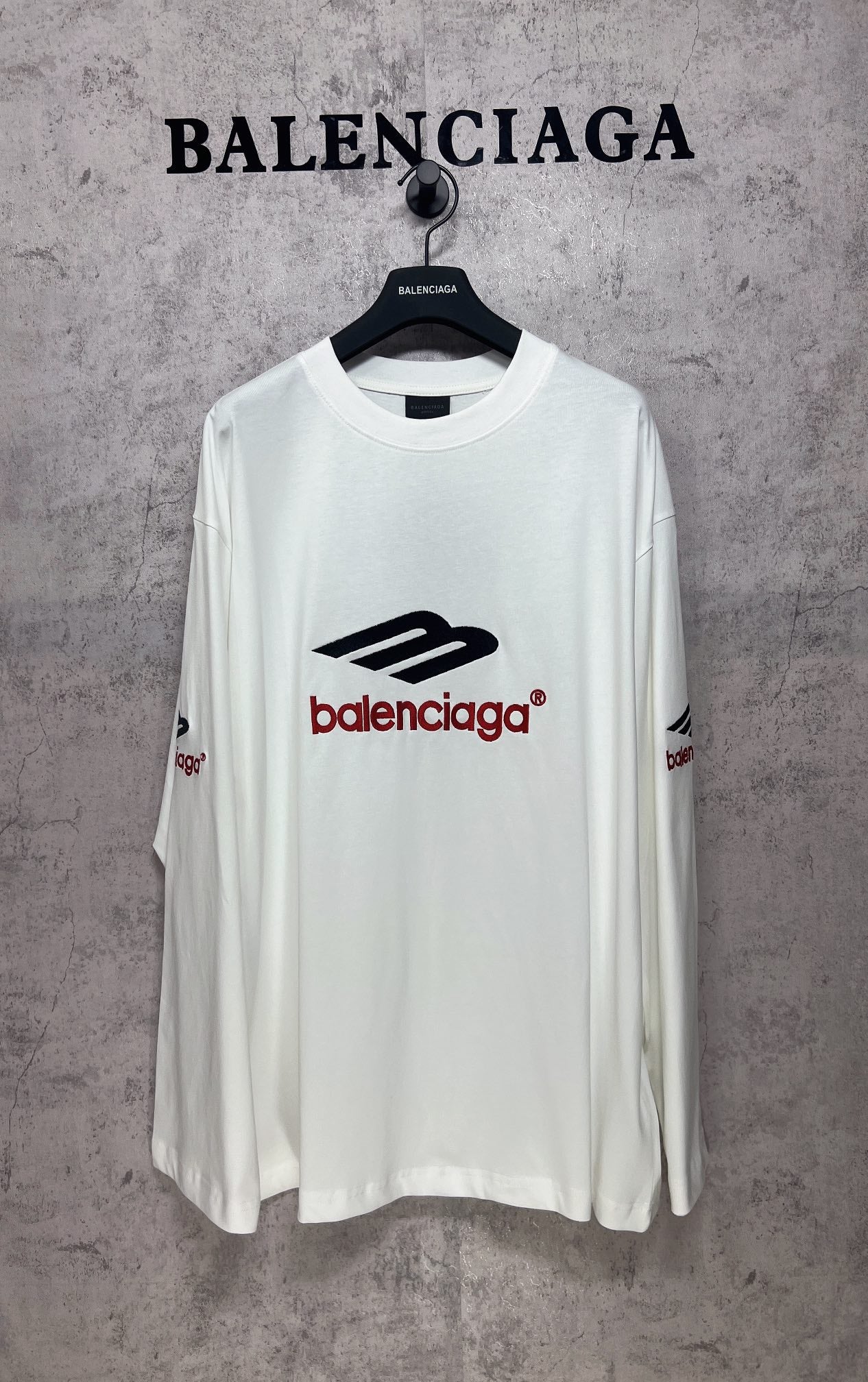 White long-sleeve T-shirt with black and red Balenciaga logo front