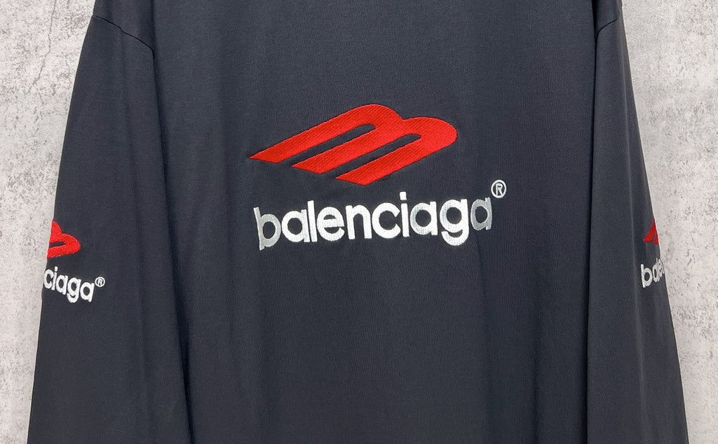 Balenciaga long-sleeve T-shirt, dark navy, chest logo print with red graphic and white text