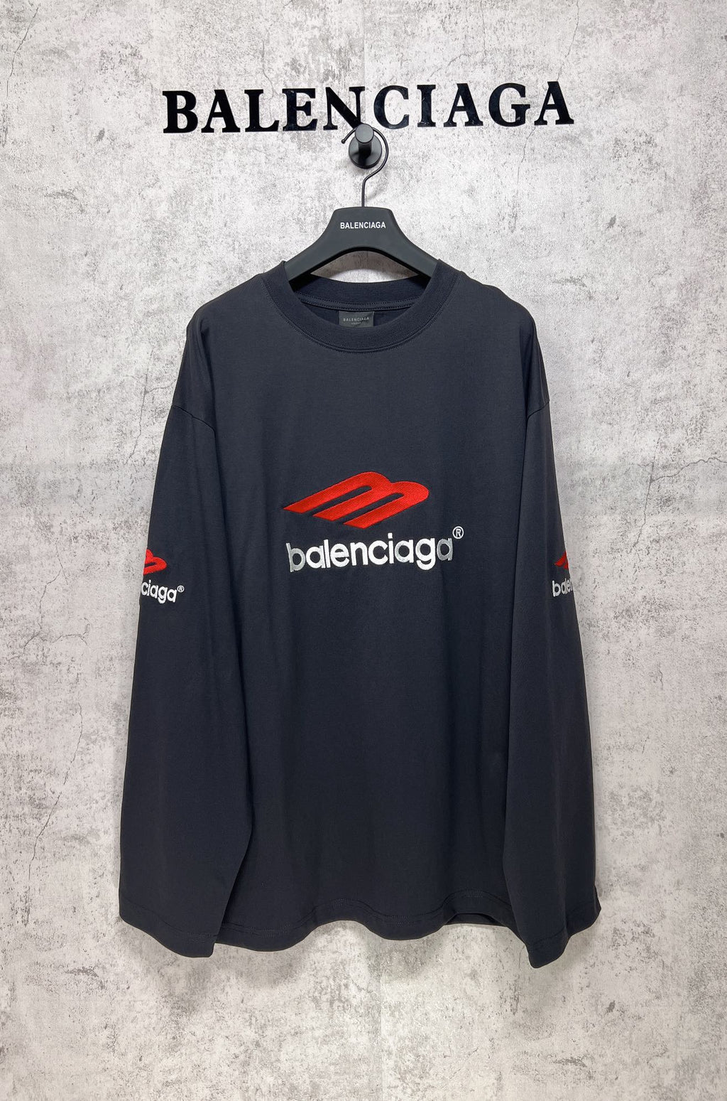 Balenciaga long-sleeve T-shirt, dark navy, red and white logo print on chest and sleeves