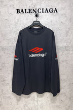 Balenciaga long-sleeve T-shirt, dark navy, red and white logo print on chest and sleeves