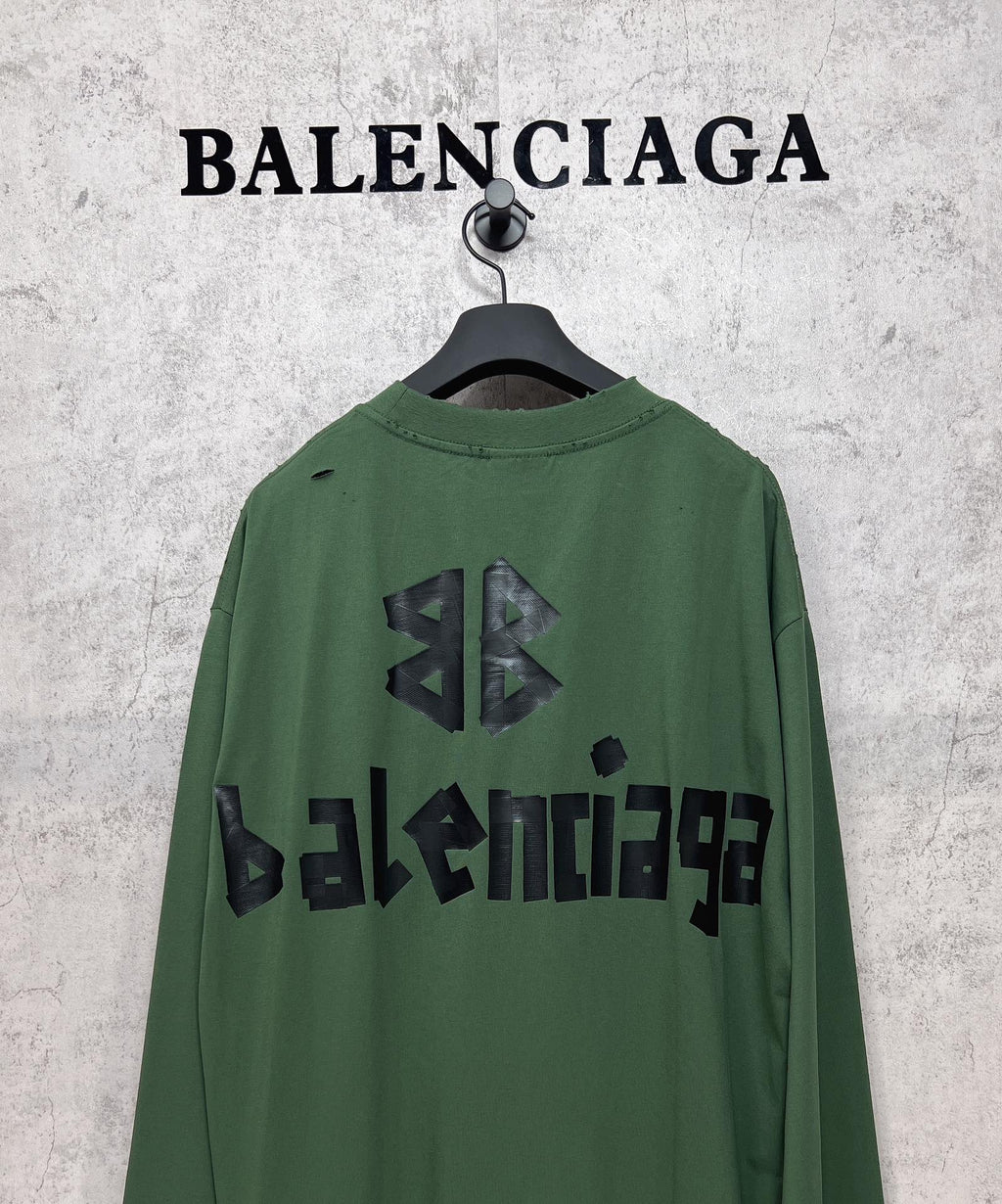 Green long-sleeve T-shirt back view with black Balenciaga logo and emblem print
