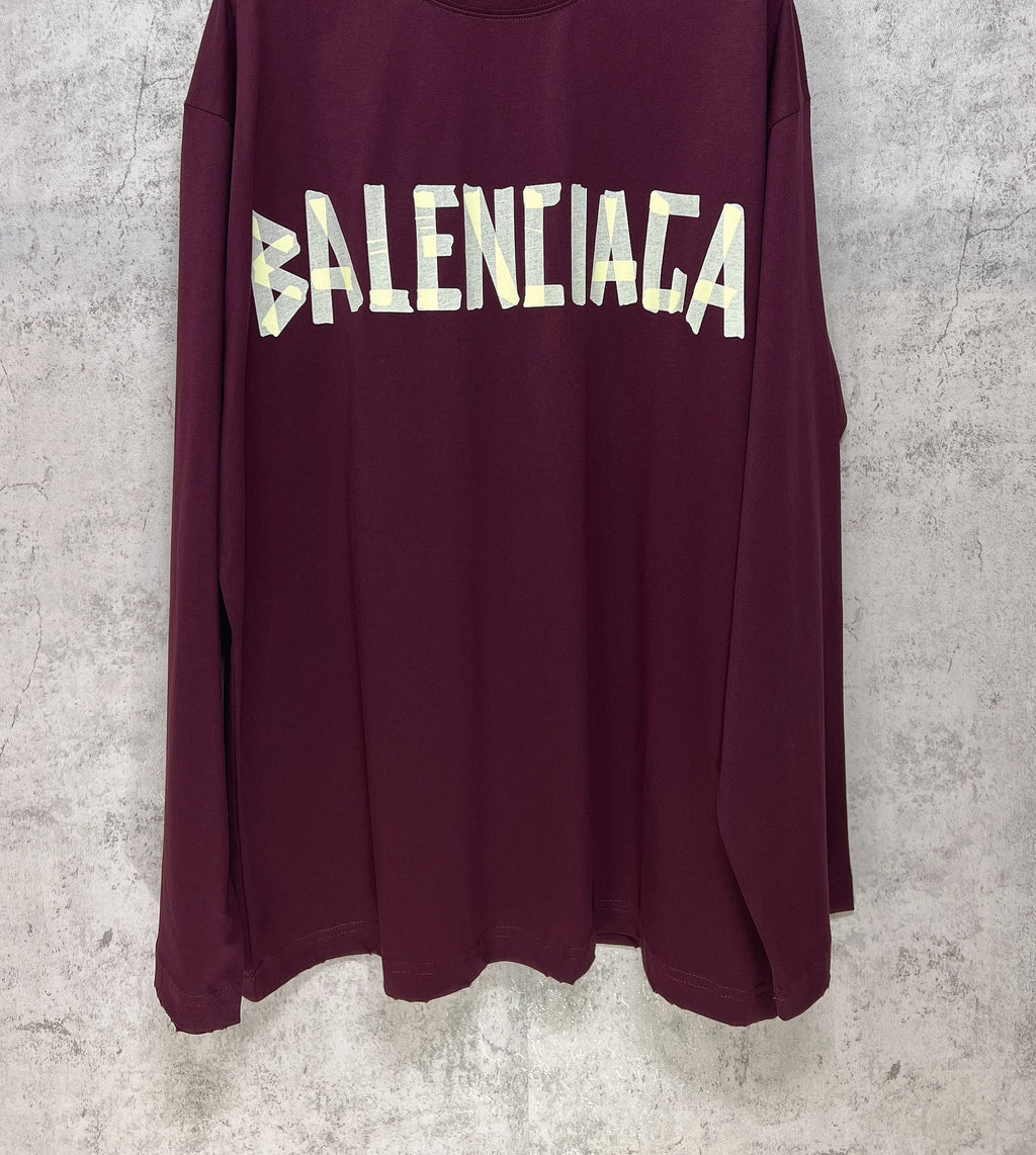 Maroon long-sleeve T-shirt with Balenciaga front text graphic and logo mark