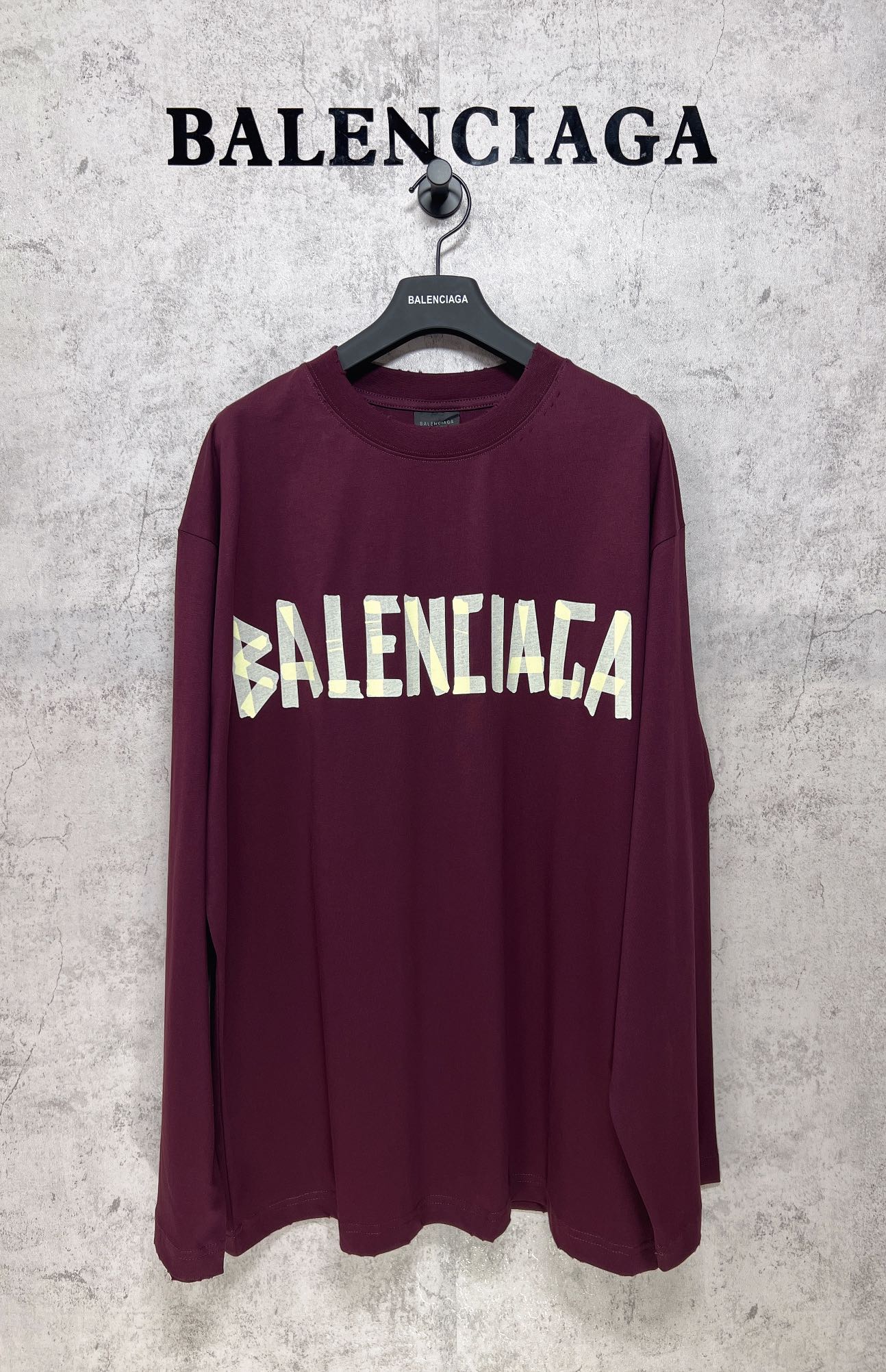 Maroon long-sleeve T-shirt with Balenciaga logo and multicolor front graphic
