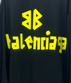 Neon green logo print detail on dark Balenciaga long-sleeve T-shirt back