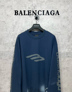 Long-sleeve crewneck T-shirt, dark blue, front logo print, ribbed collar