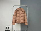 Tan puffer jacket with hood and front button placket