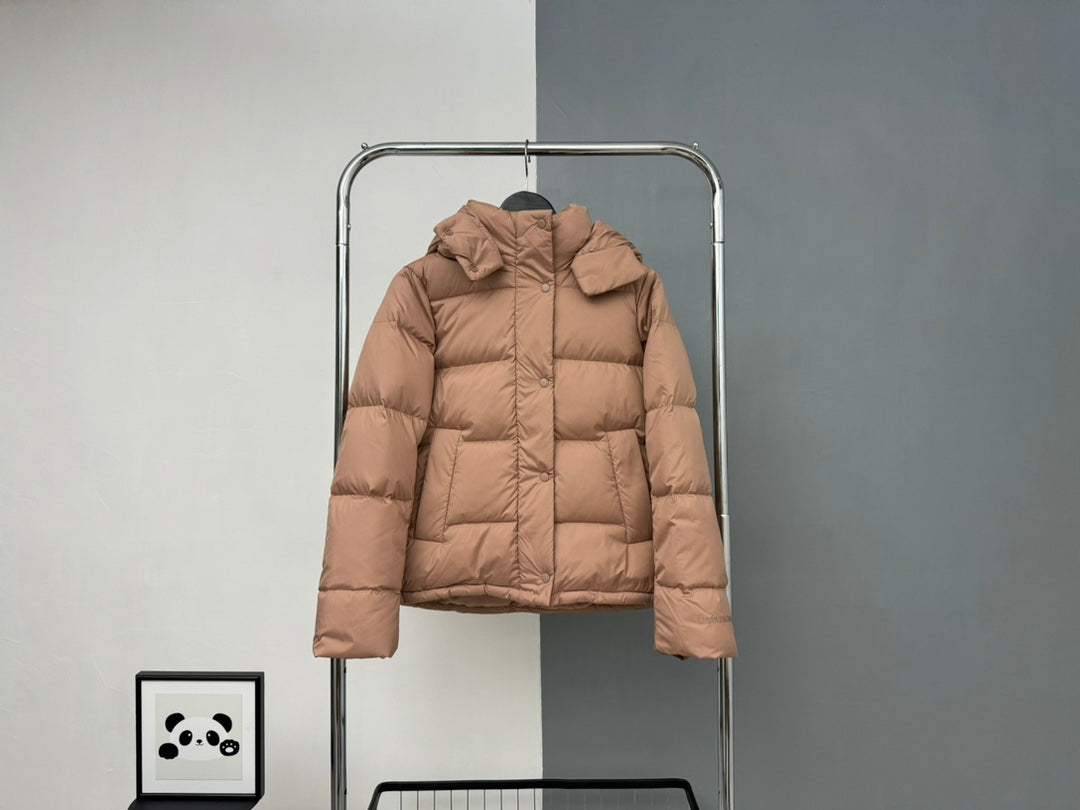 Tan puffer jacket with hood and front button placket