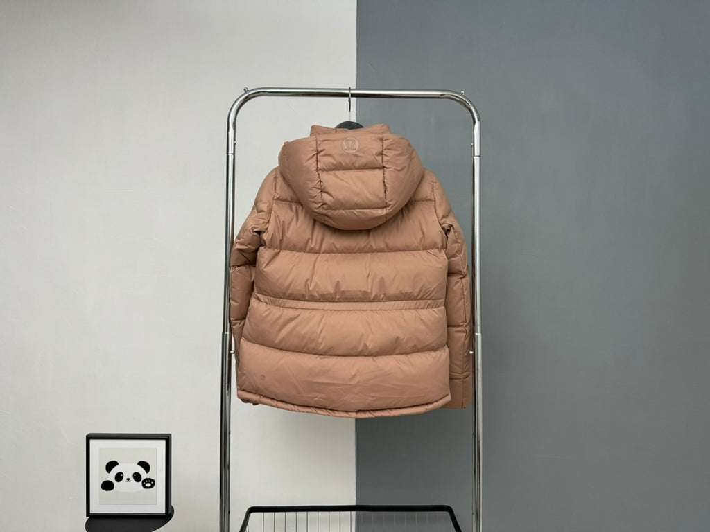 Tan padded hooded jacket with zipper-front and quilted panels