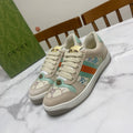 Gucci unisex sneakers, cream with multicolor stripe and embroidered logo patch