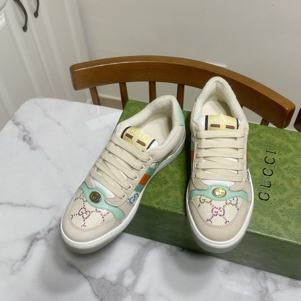 Gucci unisex sneakers, cream with blue floral embroidery and multicolor stripe
