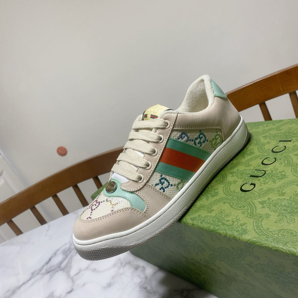 Gucci unisex sneakers, cream with multicolor stripe and teal/flower embroidery