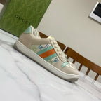 Gucci unisex sneakers, cream with teal-orange-green stripe and lace-up design
