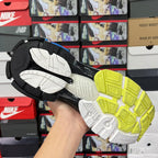 Shoe outsole with black and white tread and bright neon green traction sections