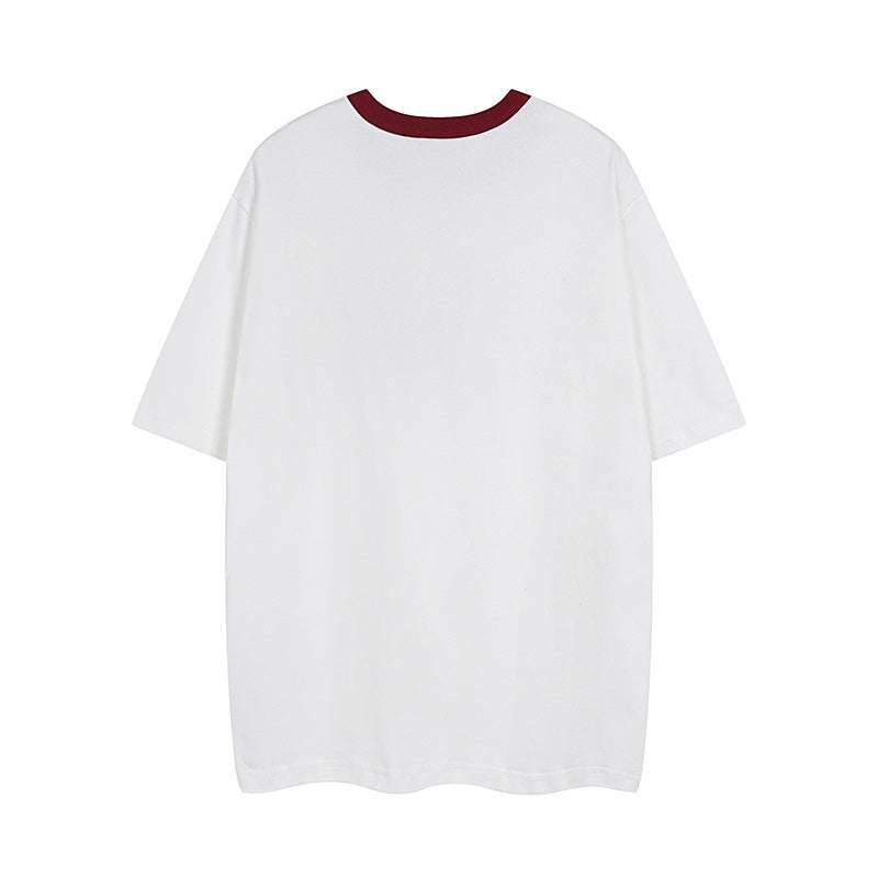 White short-sleeve T-shirt with burgundy ribbed crew collar, back view only