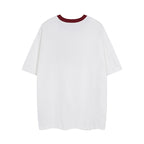 White short-sleeve T-shirt with burgundy ribbed crew collar, back view only