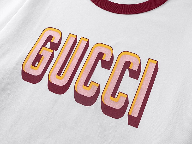 White T-shirt with GUCCI wordmark in burgundy and yellow outline