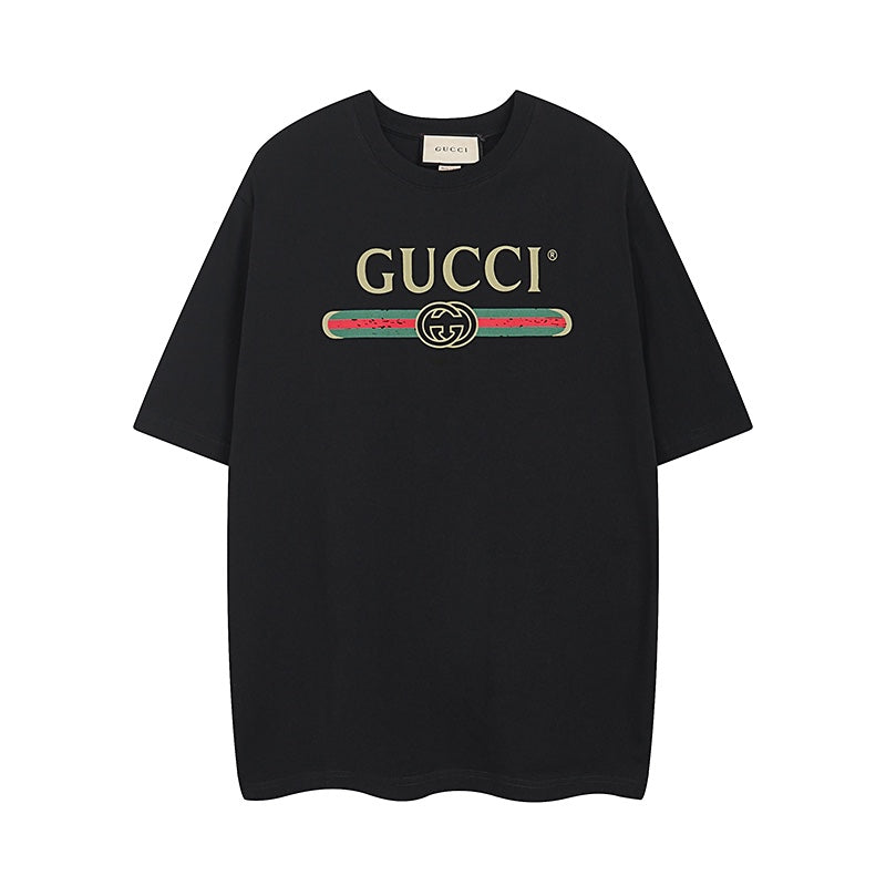 Black Gucci short-sleeve T-shirt with multicolor striped logo graphic