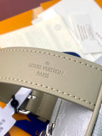 Louis Vuitton Paris logo on light blue strap edge with stitching