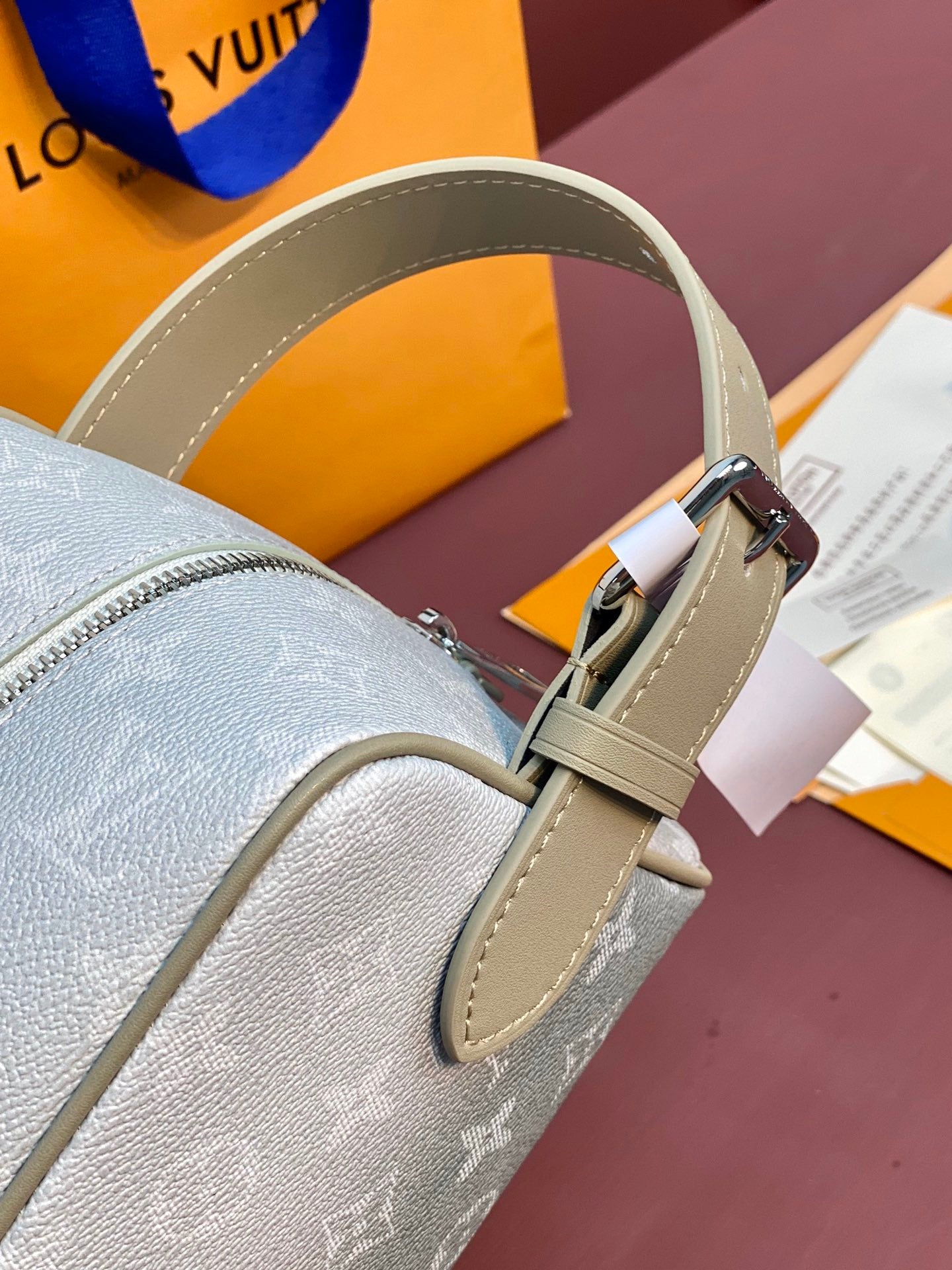Louis Vuitton monogram bag side view with strap and metal hardware, light blue