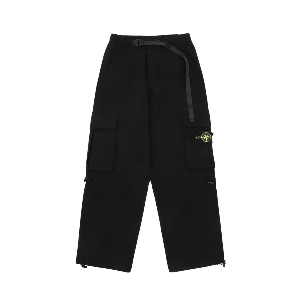 Black cargo shorts with drawstring waist and front zip