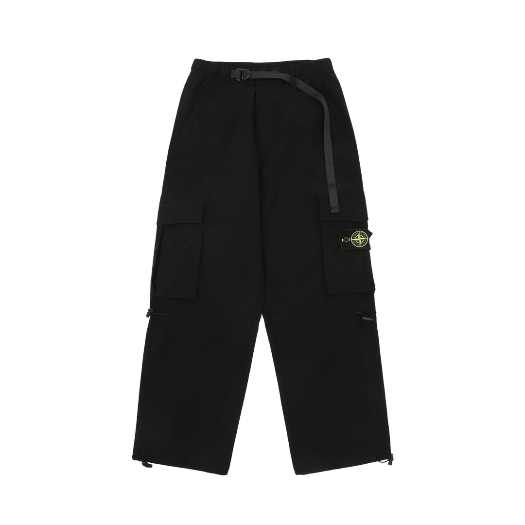 Black cargo shorts with drawstring waist and front zip