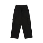 Black cargo shorts with flap pockets, knee-length