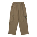 Khaki cargo shorts with elastic waistband, drawstring and side cargo pockets