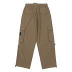 Tan cargo shorts with two front pockets and side cargo pocket panels
