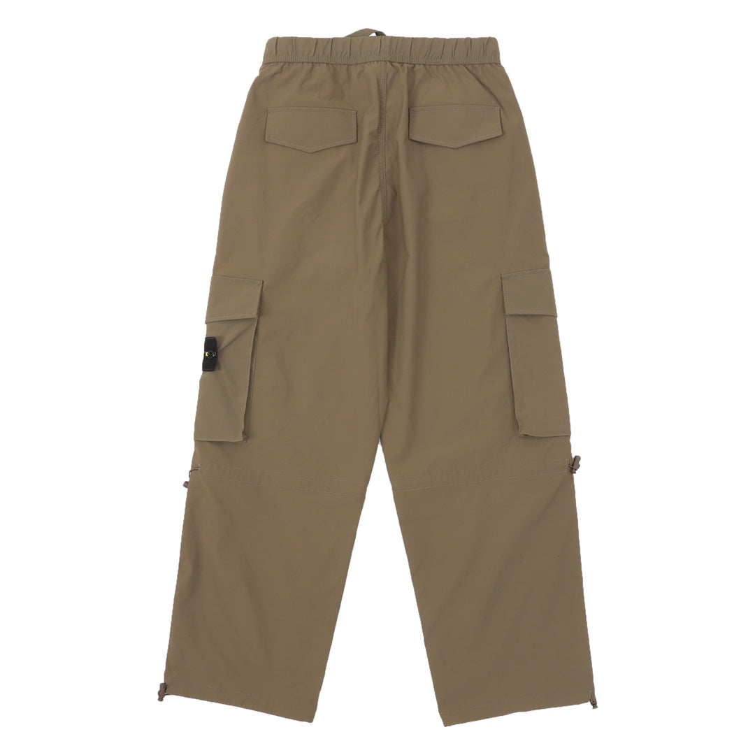 Tan cargo shorts with two front pockets and side cargo pocket panels