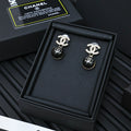 Chanel drop earrings with silver-tone CC logo and black ball beads