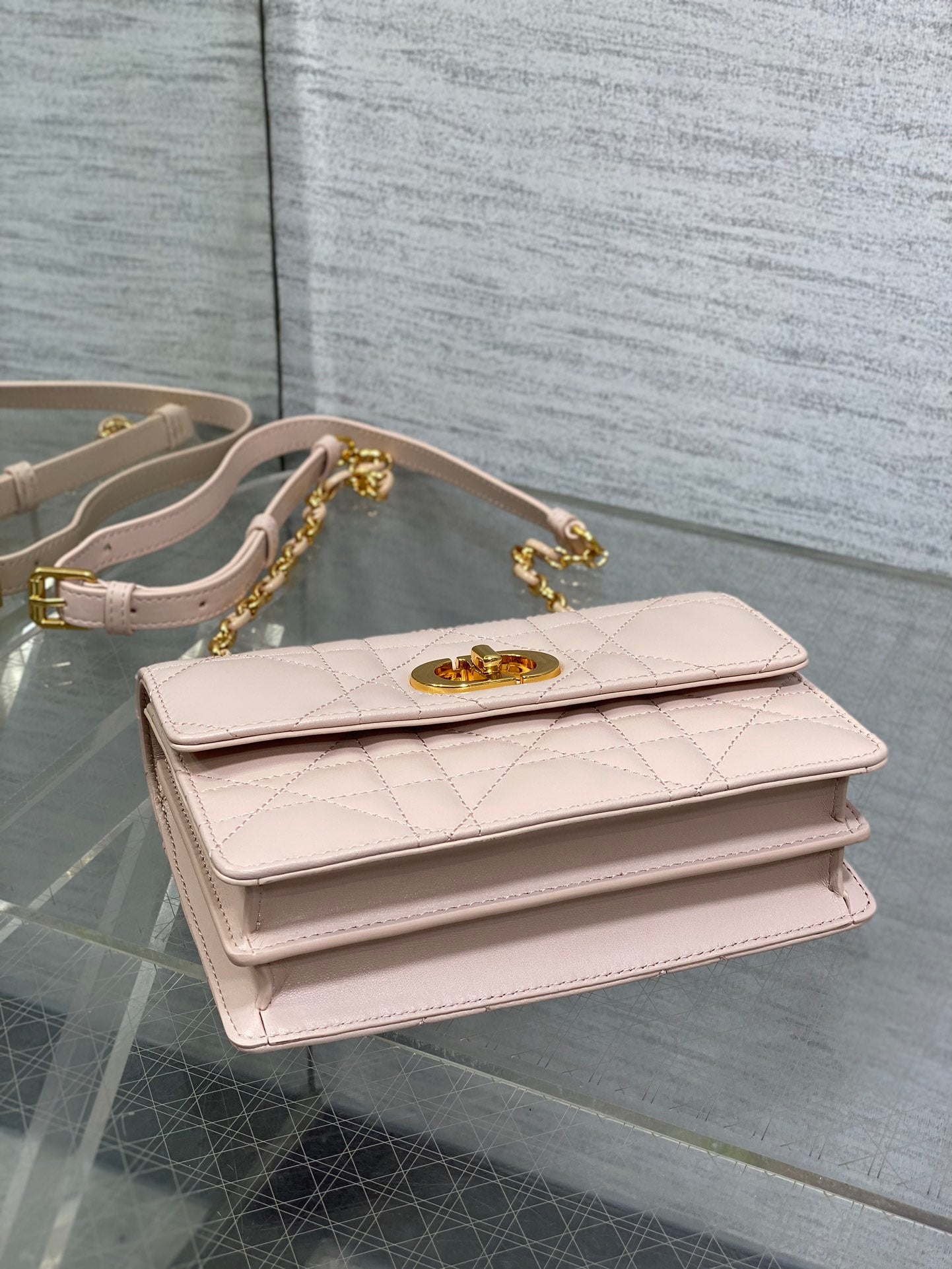 Dior pale pink leather flap bag with layered front and gold top clasp