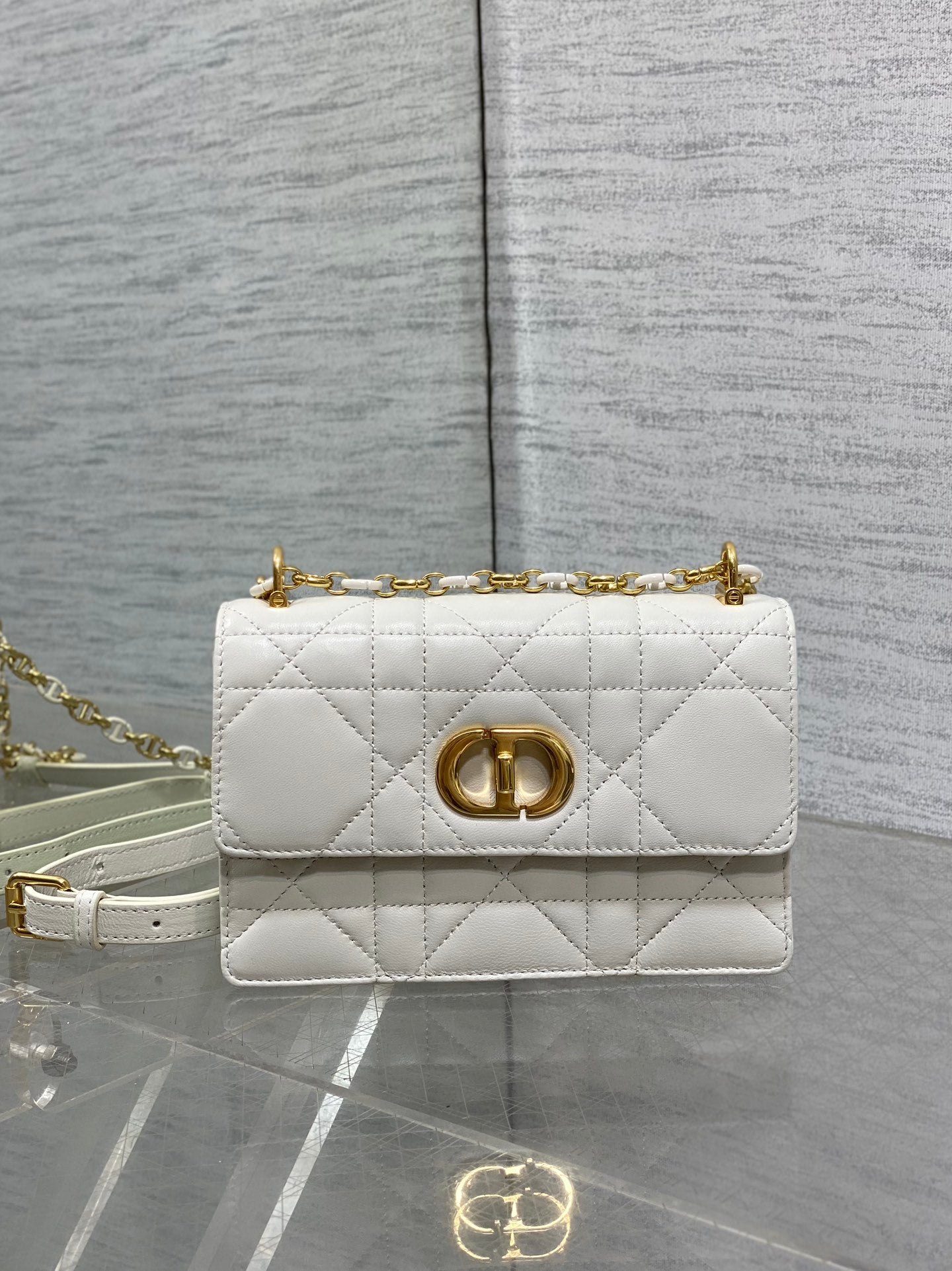 Dior handbag, white quilted front with gold CD clasp and crossbody chain