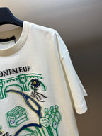 White short-sleeve T-shirt sleeve and shoulder with partial green and blue graphic