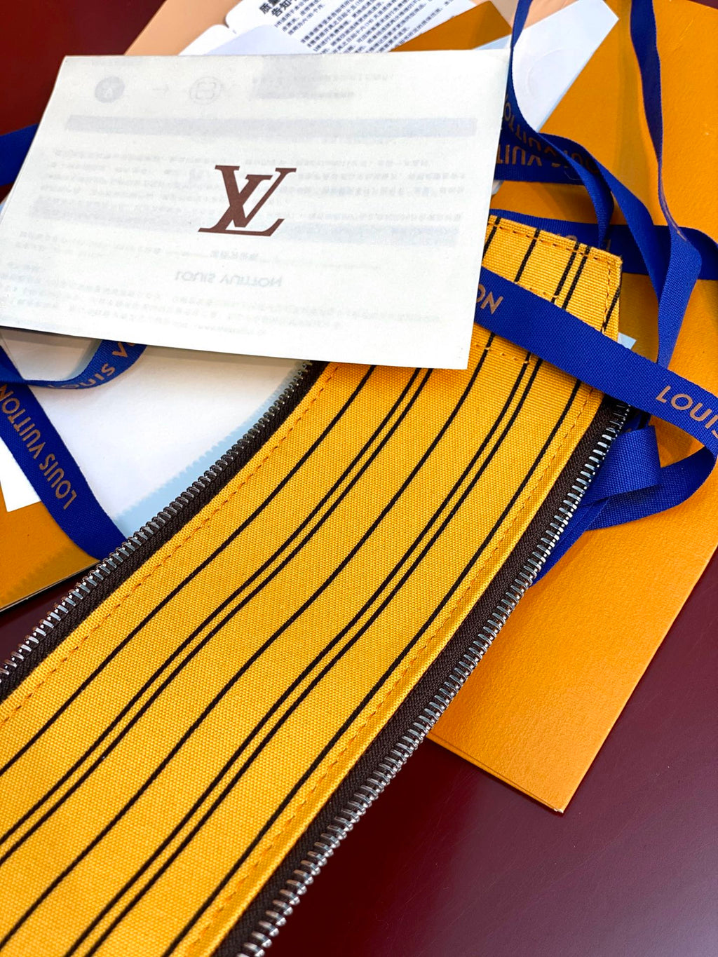 Louis Vuitton toiletry bag interior with yellow striped lining and zipper track