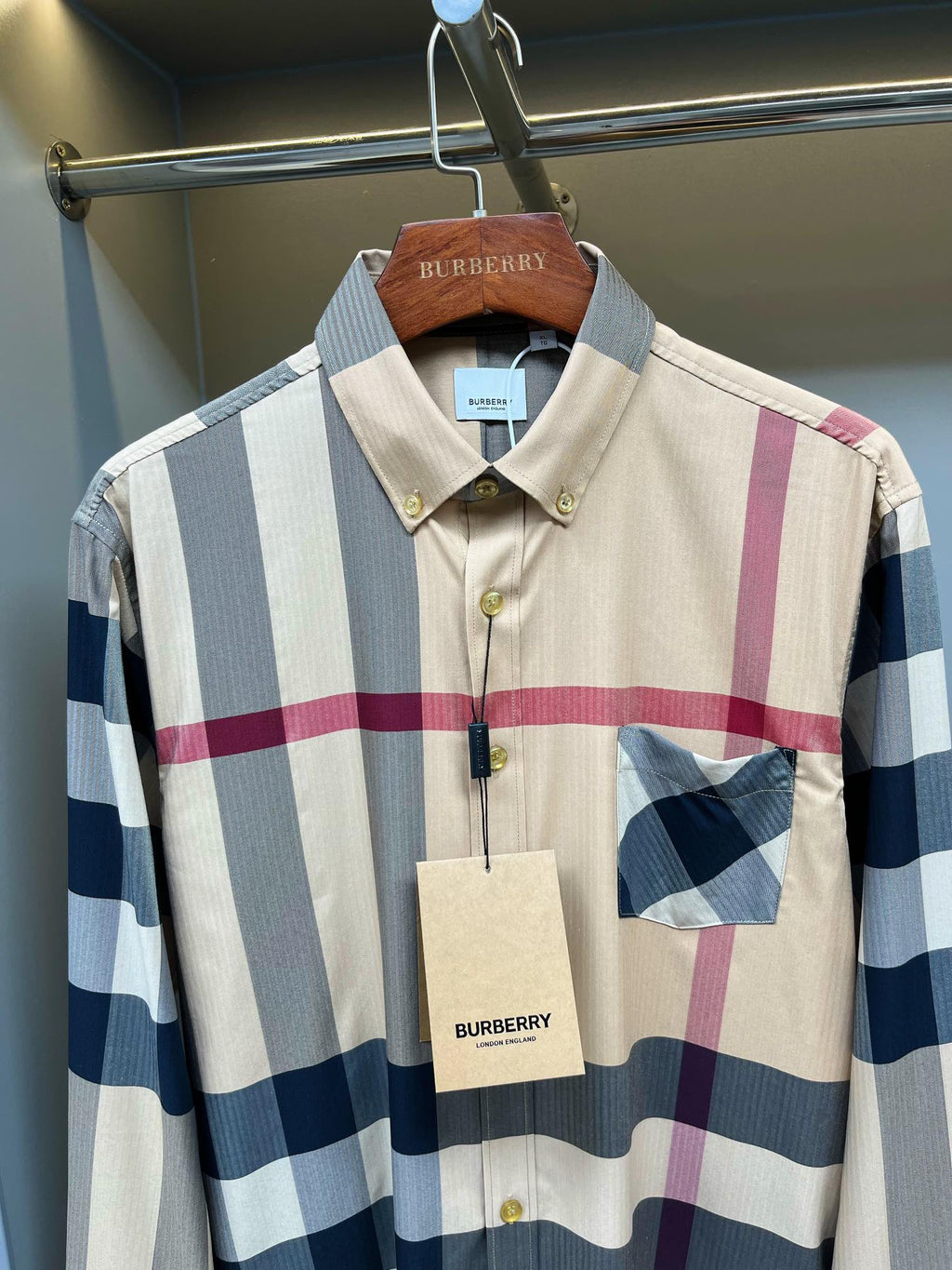 Burberry plaid button-up shirt, blue and pink stripes, chest pocket, pointed collar