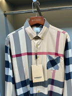 Burberry plaid button-up shirt, blue and pink stripes, chest pocket, pointed collar