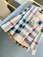 Burberry plaid button-up shirt, long sleeves, chest pocket, tag on collar
