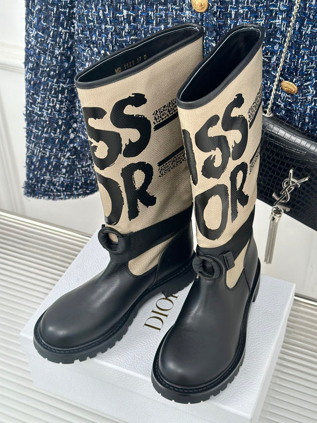 Dior ladies tall boots with black leather toes and cream graphic logo panels