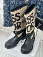 Dior ladies tall boots with black leather toes and cream graphic logo panels