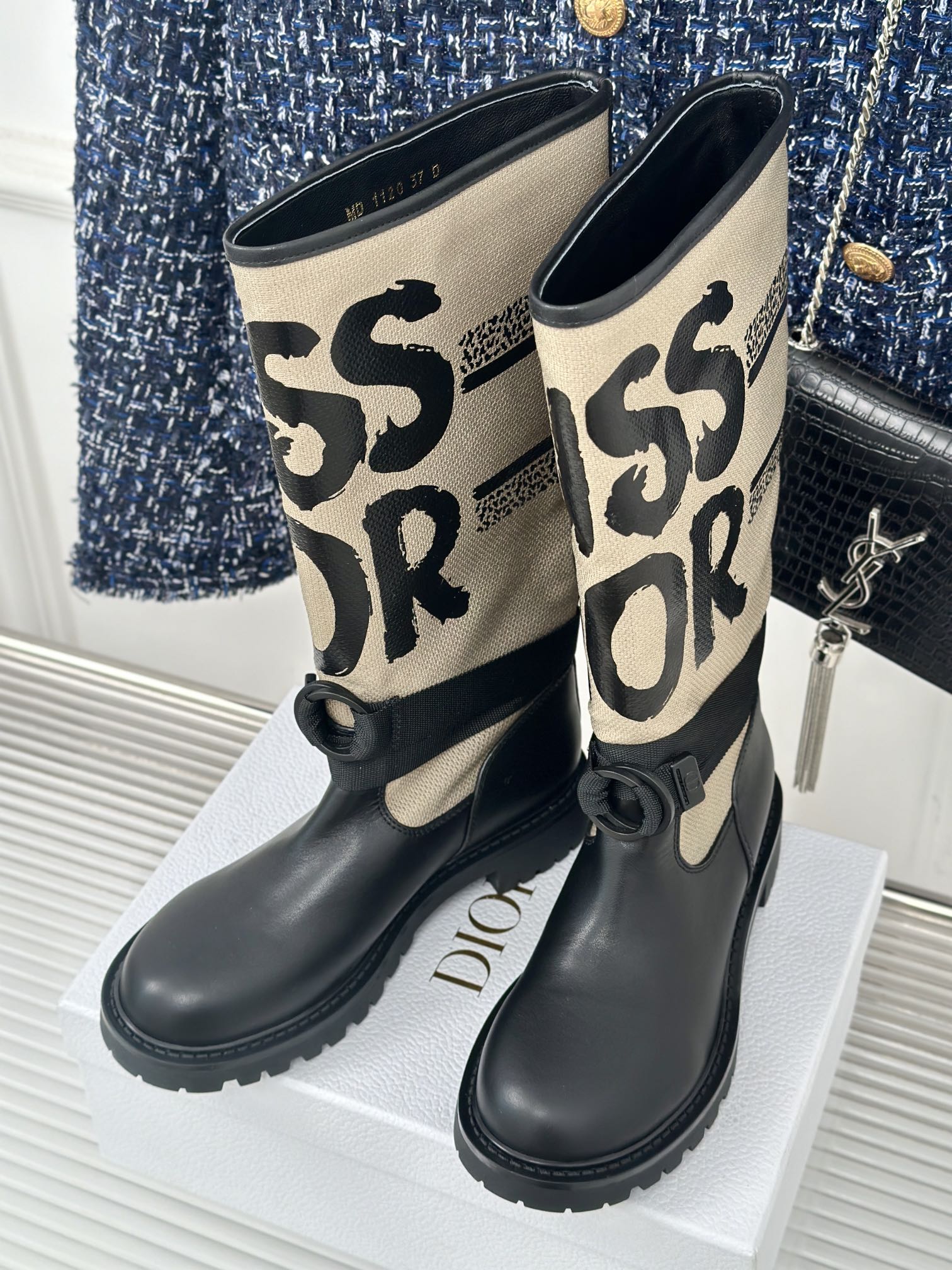 Dior ladies tall boots with black leather toes and cream graphic logo panels