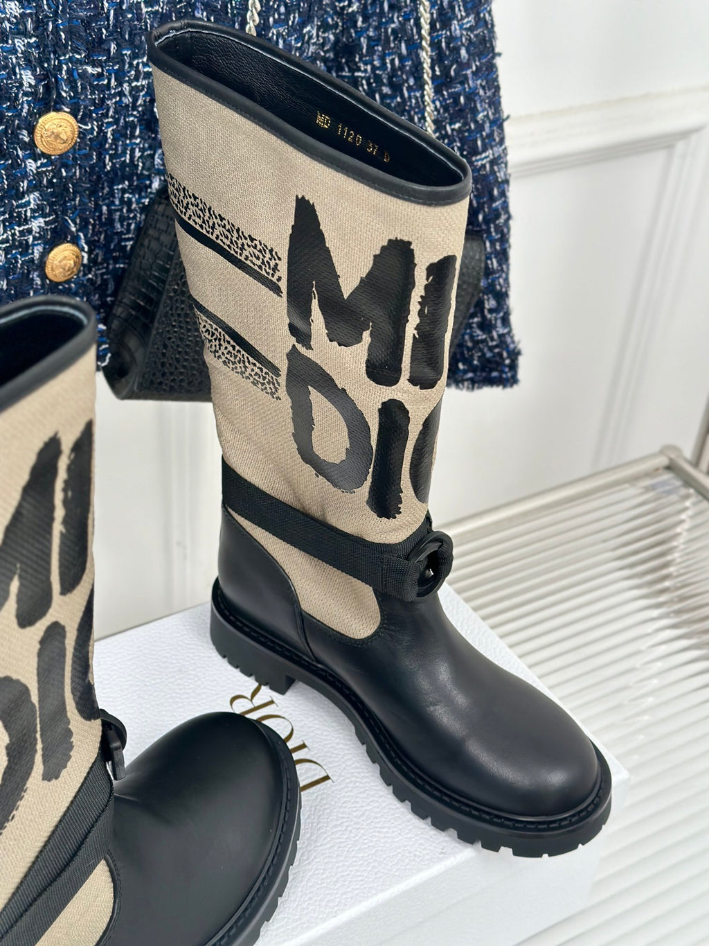 Dior ladies mid-calf boots with cream logo shaft and black leather ankle