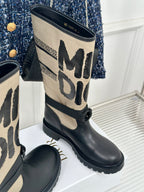Dior ladies mid-calf boots with cream logo shaft and black leather ankle