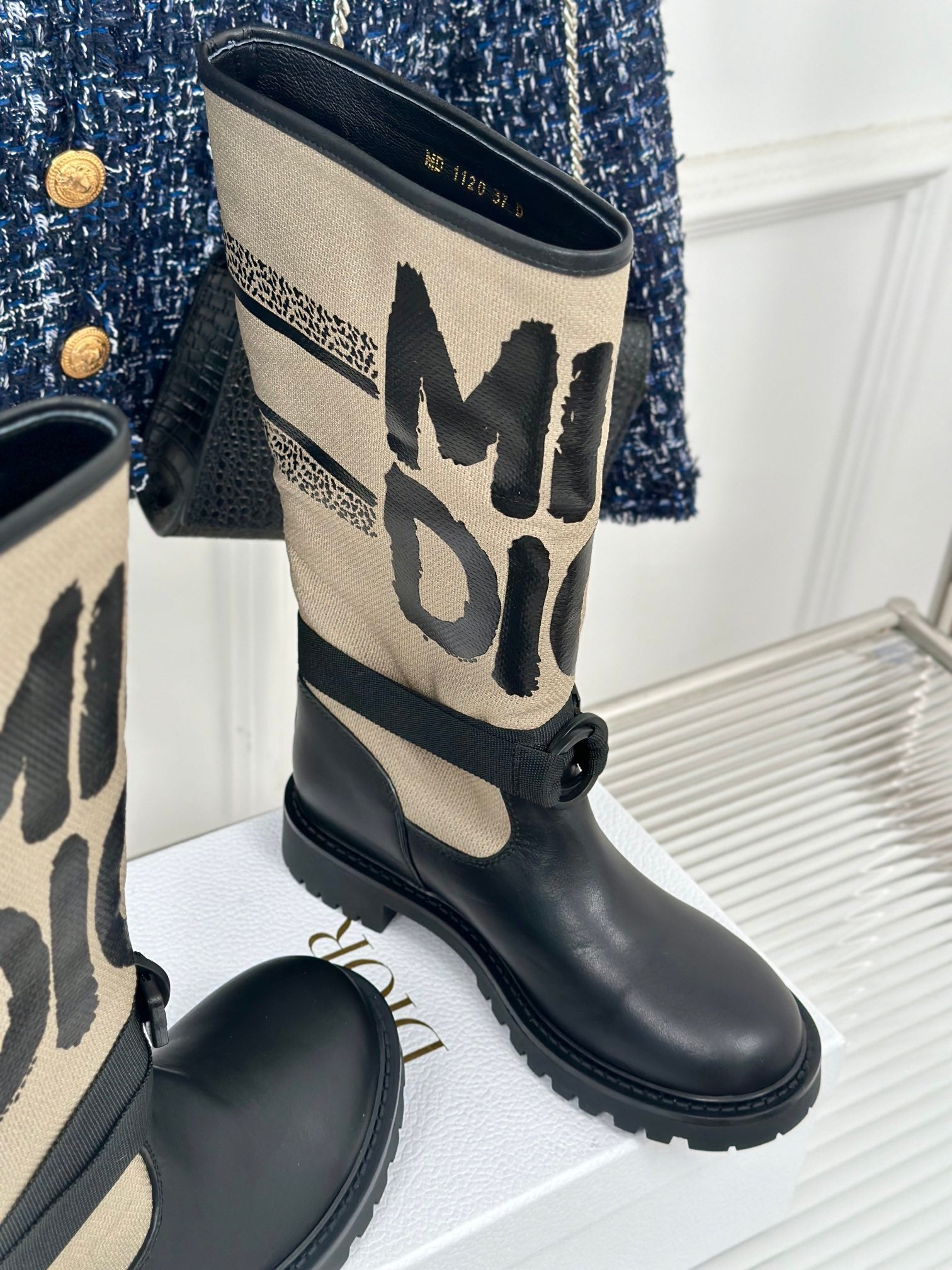 Dior ladies mid-calf boots with cream logo shaft and black leather ankle