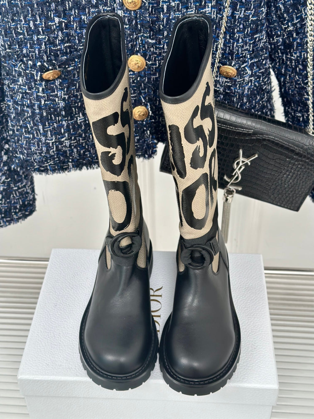 Dior ladies tall boots in black with cream graphic side panels